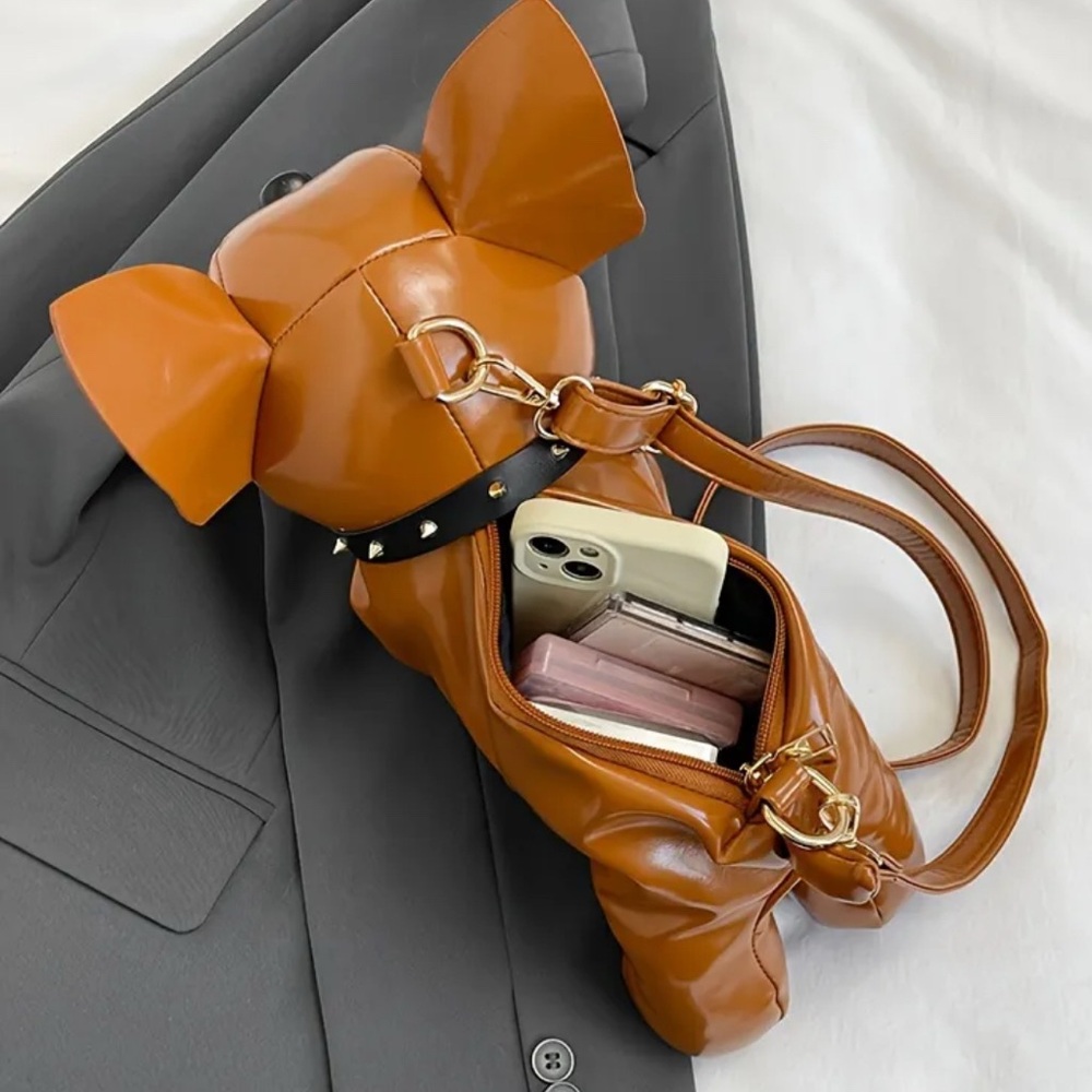 Sleek Black BULLDOG Crossbody Bag with GOLD METAL HARDWARE - Picture 7 of 8